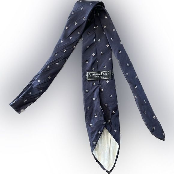 Vintage Christian Dior Silk Tie Navy Blue Print - Picture 2 of 7